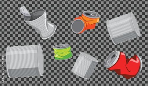 Tableau sur toile Crushed Cans on checkered background: Illustrative depiction of discarded, flattened cans, hinting at recycling or waste management, suggesting environmental consciousness