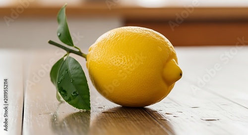 Fresh lemon with leaves on a wooden surface closeup view