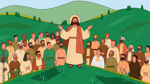 Quadro su tela Jesus was preaching in front of many people to spread the good news and joy to mankind