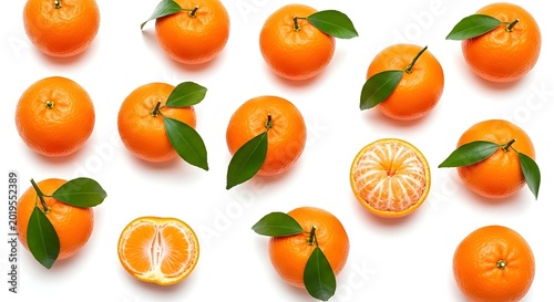 Fresh mandarin oranges with green leaves isolated on white background