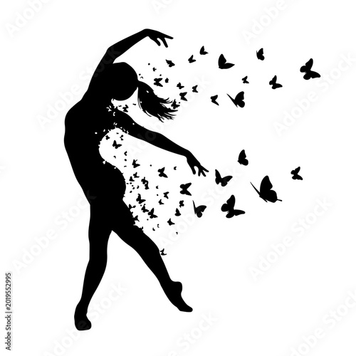 Silhouette dancer transforming into butterflies