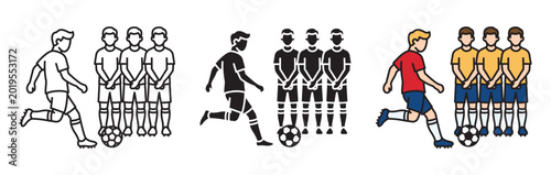 Tableau sur toile Vector set of football icons showing a player taking a free kick against a defensive wall