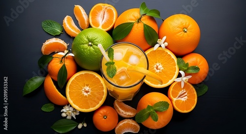 Fresh oranges and citrus fruit arrangement with juice in a glass on black background