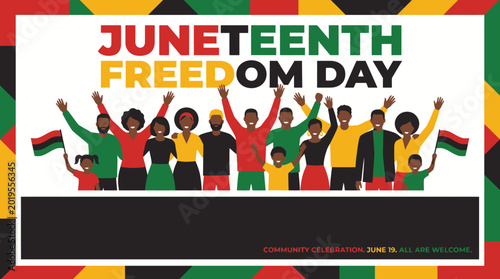 Juneteenth Freedom Day Celebration Illustration featuring a Diverse Community Group with Pan-African Flags and Decorative Border