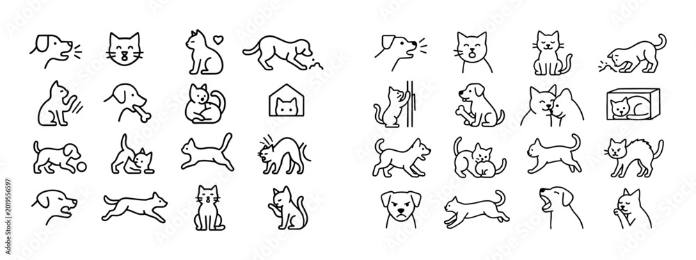 Fototapeta premium Dog and cat icons showing multiple poses on white background