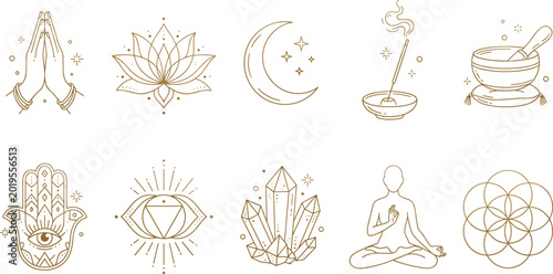 Foto Mystical spiritual yoga line art icons vector set with hamsa hand lotus crystal