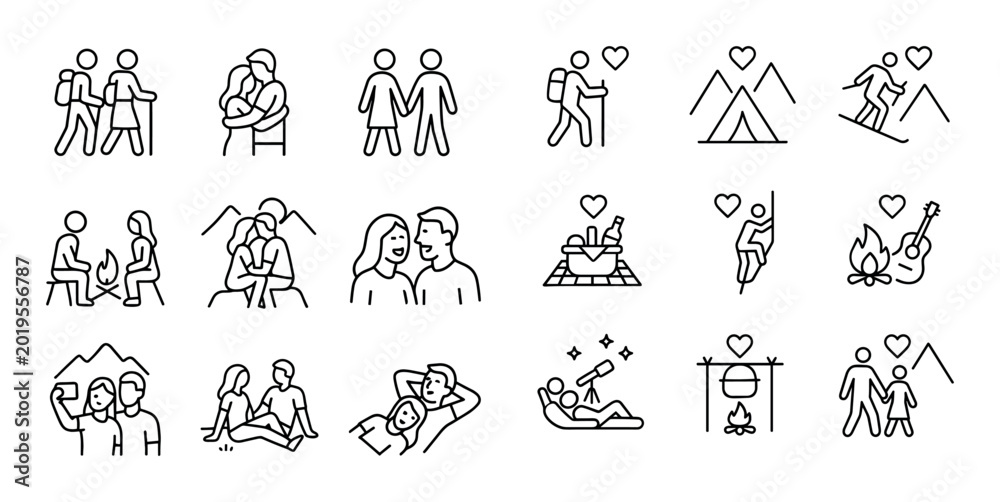 Fototapeta premium Couples engaging in outdoor romantic activities icons