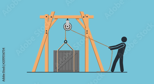 Tableau sur toile Person pulling rope on a wooden crane lifting a heavy wooden crate with a pulley