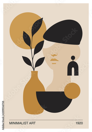 Minimalist abstract portrait with geometric shapes, modern still life with face, vase and fruit in beige black mustard palette