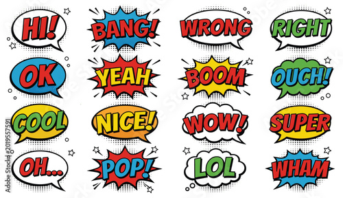 Tableau sur toile Comic speech bubble collection with colorful pop art text effects and cartoon ex