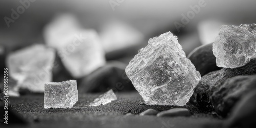 Macro black and white shot of large crystal formations, with focus on texture and form