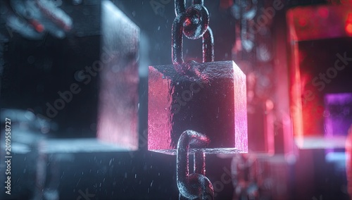 Three metallic cubes of varying colors suspended from chains, with blurred background and moody lighting