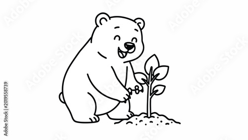 Smiling polar bear planting green sapling.