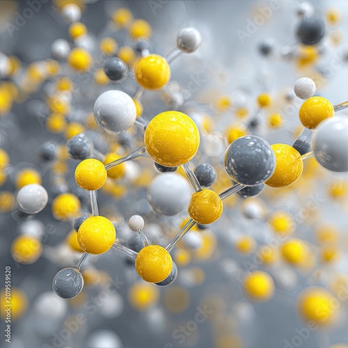 Close-up view of a molecular structure with spheres in shades of yellow, grey, and white