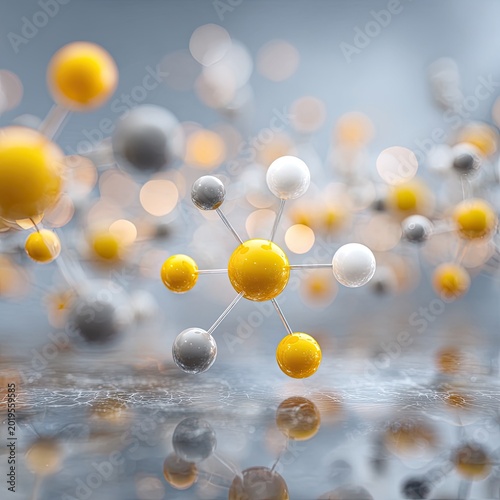 3D rendered illustration of spherical structures connected by lines, with blurred background bokeh
