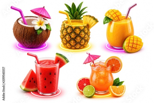 Vibrant tropical fruit cocktails served in stylish glasses with fresh garnishes, colorful refreshing drinks on illuminated bases, summer party or beach resort ambiance