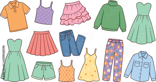 Women casual clothing vector set featuring polo shirt tank tops skirts turtleneck sweater dresses denim jeans floral pants and button down shirt for fashion retail.