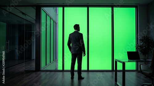 Businessman standing in office looking out of large glass window