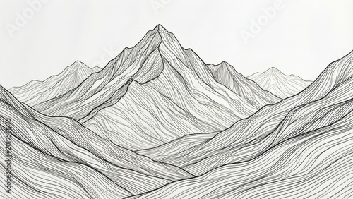 Minimalist line art mountain landscape, simple black lines on white background 
