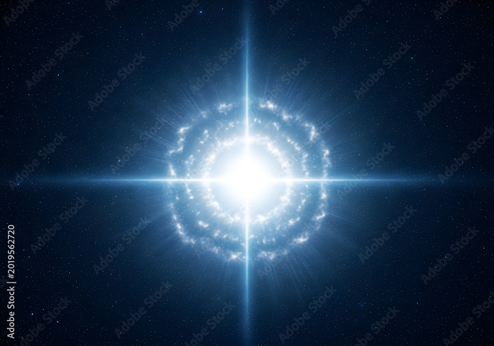 Obraz premium Spiral galaxy with bright core and radiating light beams in deep space
