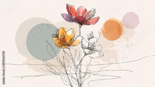 Minimalist flower sketch with watercolor circles on beige background
