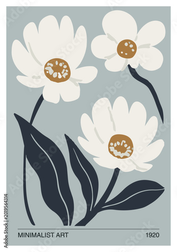 Minimalist Floral Illustration with White Flowers on Soft Blue Background, Scandinavian Botanical Wall Art
