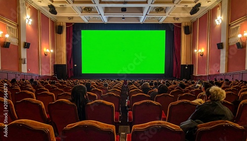 Large Audience Watching Blank Green Screen in Classic Movie Theater Interior