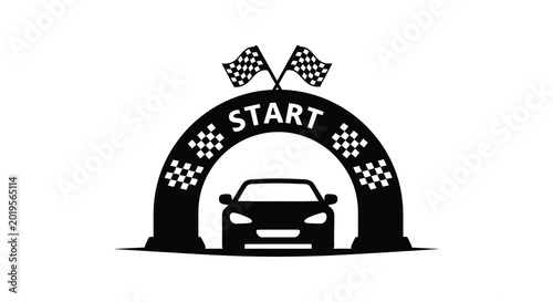 Racing car passing through start finish line arch black silhouette