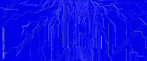 Obraz na płótnie Blue circuit board background with glowing white and yellow digital pathways flo
