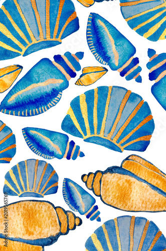 watercolor seashell pattern with blue tones and gold accents, luxury marine background for summer backgrounds, textile, wrapping paper, branding and coastal themed projects.