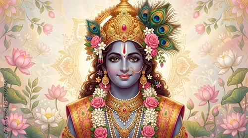 Lord krishna divine portrait stunning depiction of the hindu god in ornate gold jewelry and peacock feather crown