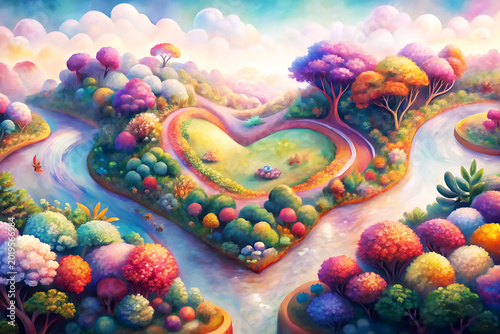 Colorful heart shaped island with winding rivers and whimsical trees landscape vector illustration