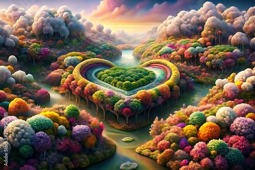 Dreamlike landscape with a heart-shaped island, colorful trees, and soft clouds fantasy vector illustration
