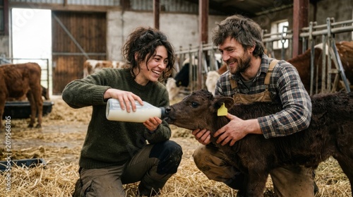 Man and woman bottle feeding baby calf in rustic barn. Happy farmers caring for newborn livestock with joy. Rural animal husbandry and dairy farm lifestyle concept.