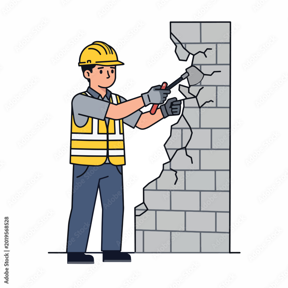 Obraz premium Man wearing safety gear demolishing wall.
