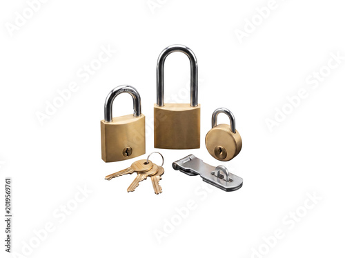 Fotografie Collection of shiny brass padlocks, a security hasp, and keys, symbolizing safety and protection