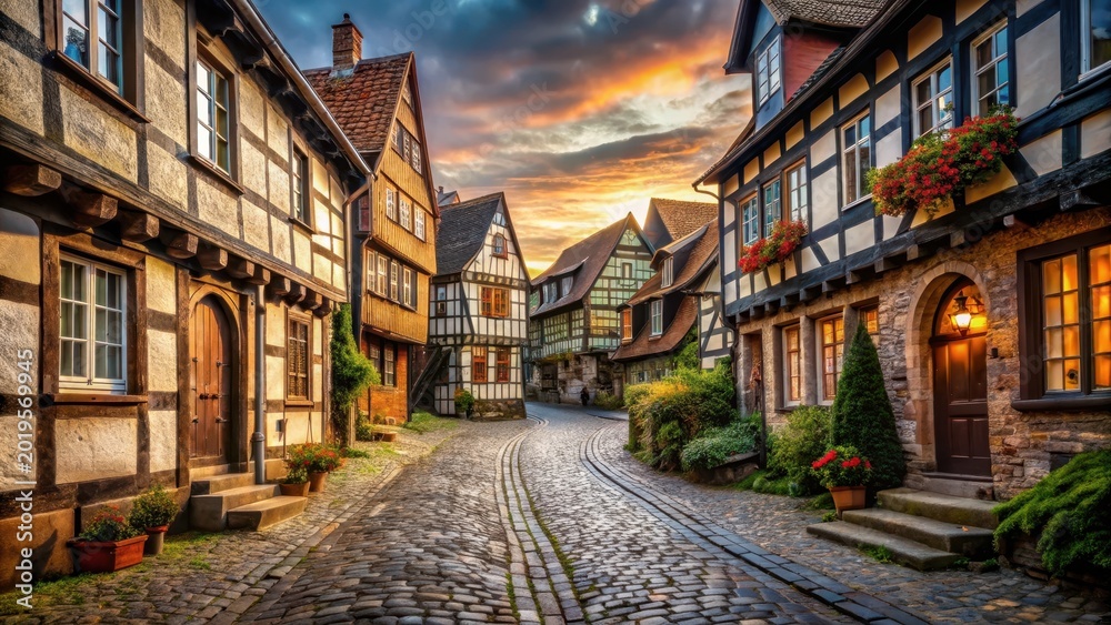 Fototapeta premium A photo of ancient cobblestone streets winding through a medieval Flemish village, with halftimbered houses adorned with intricate carvings and color