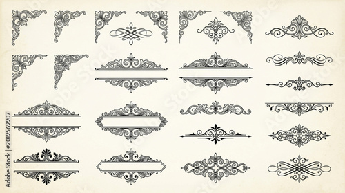 Foto Collection of ornate vintage decorative elements and borders.