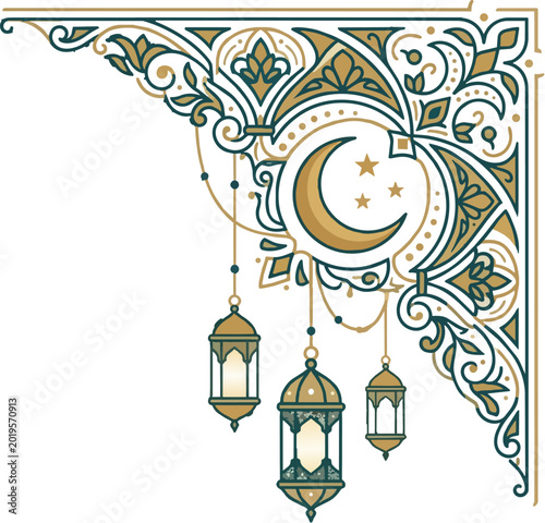 Elegant Islamic Ramadan Kareem Corner Ornament with Crescent Moon and Hanging Lanterns for Festive Greeting Card Design and Graphic Background