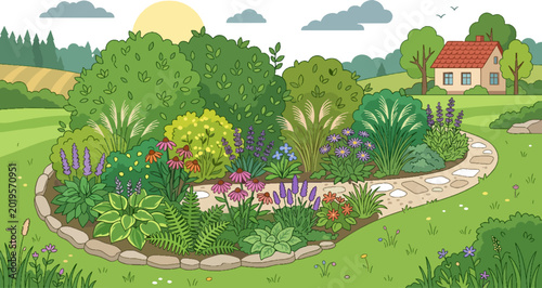 Colorful Garden Flowerbed Illustration with Stone Pathway and Rural House in Background for Countryside Landscape Design