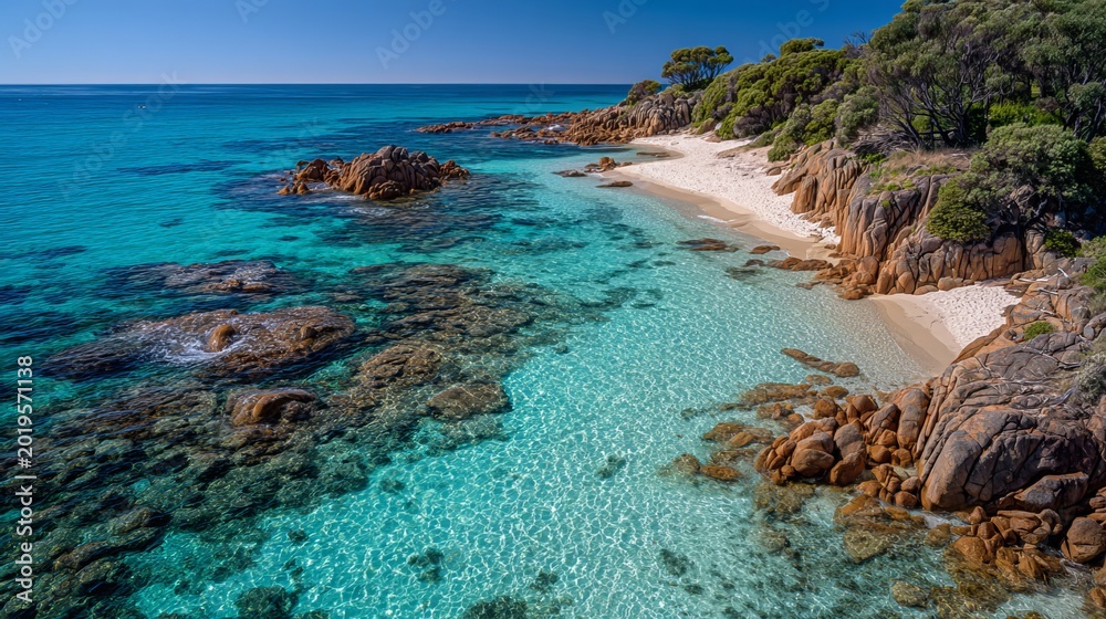 Fototapeta premium Turquoise clear waters and rocky coastline at Meelup Beach, sunny summer day, wide angle view, Dunsborough, Western Australia