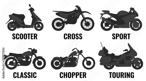 Set of motorcycle silhouettes including scooter cross sport classic chopper and touring bike.