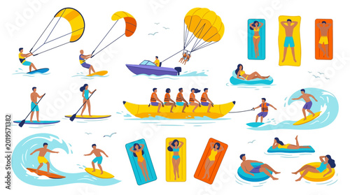 Set of people enjoying various summer beach and water sports activities.