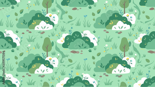 Seamless Vector Pattern with Cute Green Bushes and Grass for Springtime Nature Designs and Eco Friendly Backgrounds