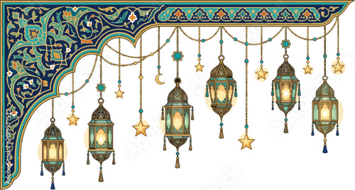 Ornate Islamic Corner Border with Hanging Lanterns and Stars for Ramadan Kareem Festival and Cultural Celebration Design