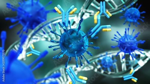 Foto Virus and antibodies close up, microorganism, a microscopic organism, especially a bacterium, virus, or fungus