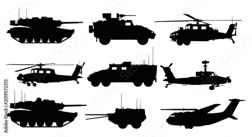 Quadro em tela Military Vehicle Silhouettes: Tanks, Helicopters, Armored Cars, Transport Aircra