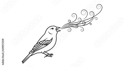 Schilderij op canvas Line art illustration of a singing bird with musical notes and swirls