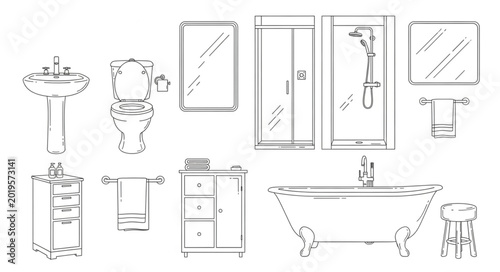 Tableau sur toile Collection of bathroom fixtures and furniture sketches.