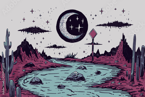 Obraz na płótnie Hand-drawn vector Mojave desert night landscape